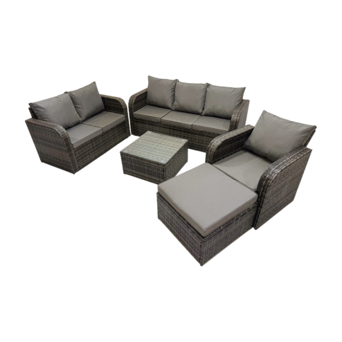 Fimous 3 Seater Sofa Reclining Chair Coffee Table Set Rattan Garden Outdoor Furniture Set with Big Stool Dark Grey Mixed