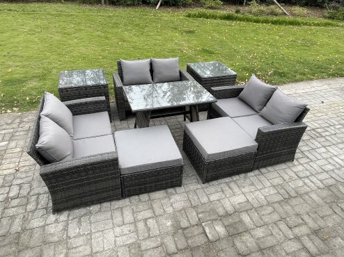 Fimous Outdoor Lounge Sofa Set Wicker PE Rattan Garden Furniture Set with Rectangular Dining Table 2 Seat Sofa 2 Big Footstool 2 Side Tables Dark Grey Mixed