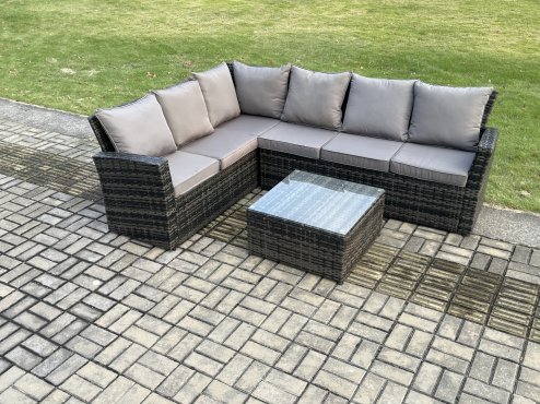 Fimous 6 Seater Outdoor Furniture Garden Dining Set Rattan Corner Sofa Set with Square Coffee Table Dark Grey Mixed