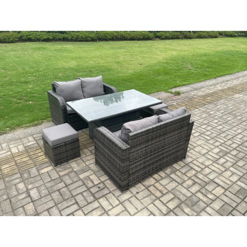 Fimous Outdoor Rattan Furniture Garden Dining Set Height Adjustable Rising lifting Table Love Sofa Set With 2 Small Footstools Dark Grey Mixed