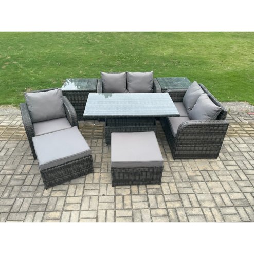 Fimous Wicker PE Rattan Furniture Garden Dining Set Outdoor Height Adjustable Rising lifting Table Love Sofa With Reclining Chair 2 Side Tables 2 Big Footstool