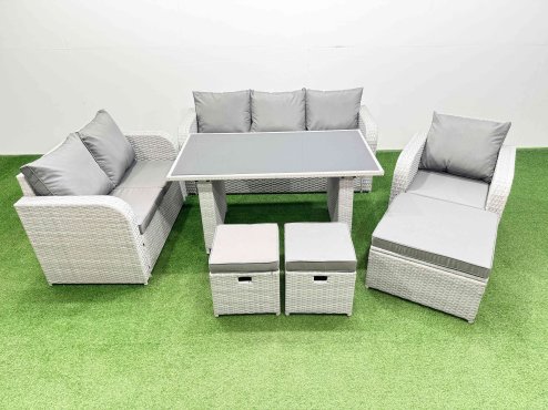 Fimous Rattan Outdoor Table Reclining Chair Sofa Set with 3 Stools Light Grey 9 Seater
