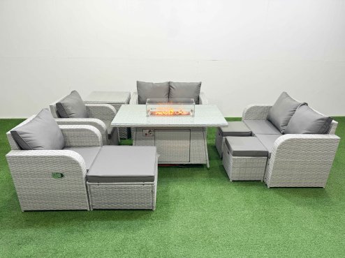 Fimous 9 Seater Outdoor Reclining Chair Love Sofa Set Rattan Garden Furniture Set with Firepit Dining Table 3 Stools Side Table Light Grey