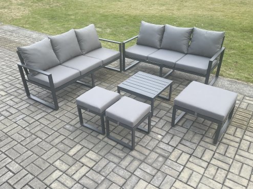 Fimous Aluminium 9 Seater Outdoor Garden Furniture Lounge Sofa Set with Square Coffee Table 3 Footstools Dark Grey