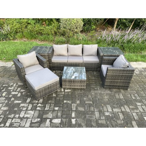 Fimous Wicker 7 Pieces Rattan Garden Furniture Sofa Set with Armchair 2 Side Tables Square Coffee Table Big Footstool Dark Grey Mixed