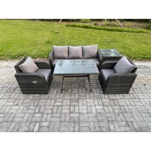 Fimous Rattan Wicker Garden Furniture Patio Conservatory Sofa Set with Rectangular Dining Table Reclining Chair 3 Seater Sofa Side Table