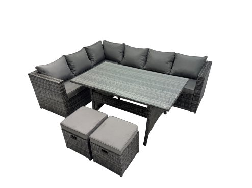 Fimous Outdoor PE Rattan Sofa Set with Dining Table Patio Garden Furniture Sets with 2 Small Stools Dark Grey Mixed