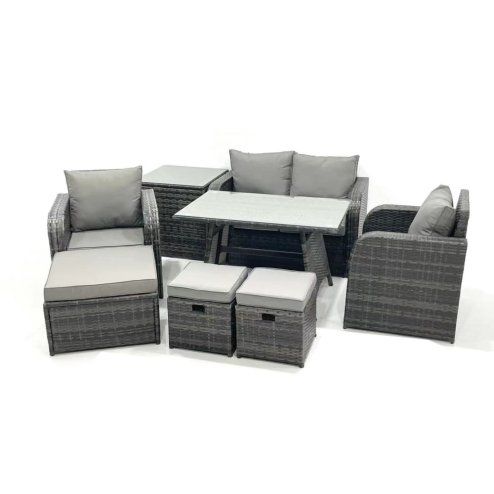 Fimous Outdoor Garden Furniture Set Rattan Sofa Dining Table Set with Reclining Chair 3 Footstool Side Table Dark Grey Mixed