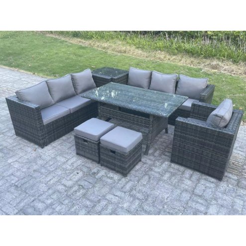 Fimous 9 Seater Outdoor Lounge Sofa Garden Furniture Set Patio Chair Rattan Rectangular Dining Table with Side Table 2 Small Footstool Dark Grey Mixed