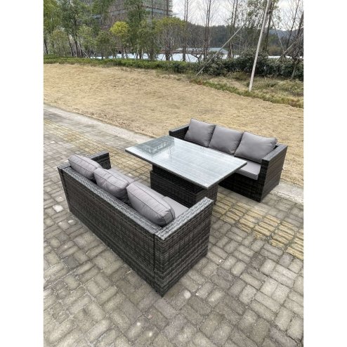 Fimous 6 Seater?Outdoor Rattan Sofa Set Garden Furniture Adjustable Rising Lifting Dining Table Dark Grey Mixed