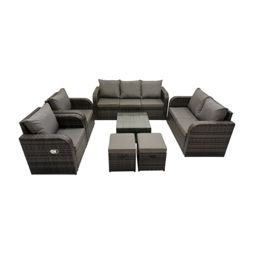 Fimous 3 Seater Sofa Reclining Chair Coffee Table Set Rattan Garden Outdoor Furniture Set with 2 Small Stool Dark Grey Mixed