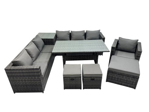 Fimous 10 Seater Outdoor Corner Sofa Chair Dining Table Set Garden Rattan Furniture Set with Side Table 3 Stools Dark Grey