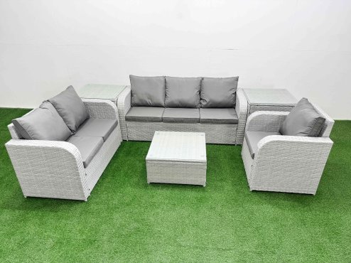 Fimous Patio PE Wicker 6 Seater Outdoor Rattan Furniture Sofa Sets with Square Coffee Table Reclining Chair Loveseat Sofa 3 Seater Sofa 2 Side Table Light Grey