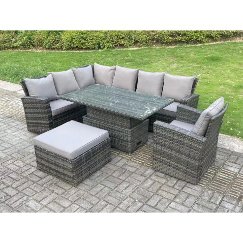 Fimous 8 Seater?Outdoor High Back Rattan Adjustable Rising Lifting Dining Table Corner Sofa Set Garden Furniture Set Dark Grey Mixed Left Hand