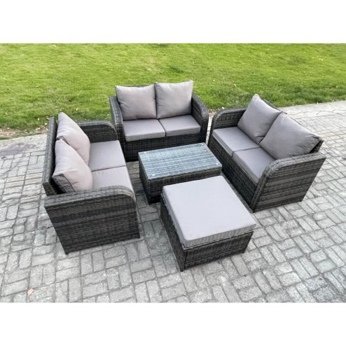 Fimous Outdoor Garden Furniture Sets 7 Seater Wicker Rattan Furniture Sofa Sets with Rectangular Coffee Table Love Sofa Big Footstool Dark Grey Mixed