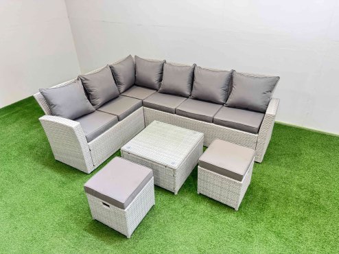 Fimous Outdoor Rattan Garden Furniture Set 8 Seater Corner Sofa Sets with Square Coffee Table 2 Small Footstools Light Grey Mixed