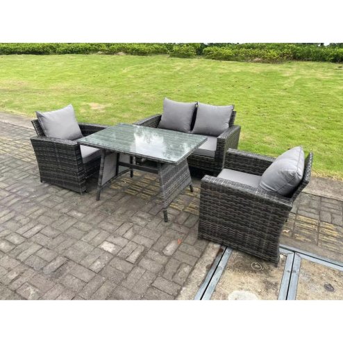 Fimous 4 Seater Outdoor Dark Grey Mixed High Back Rattan Sofa Dining Table Set Garden Furniture Patio