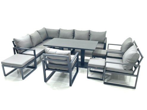Fimous Aluminum Outdoor Garden Furniture Set Corner Sofa 3 Chair 3 Footstools Adjustable Rising Lifting Dining Table Sets Dark Grey