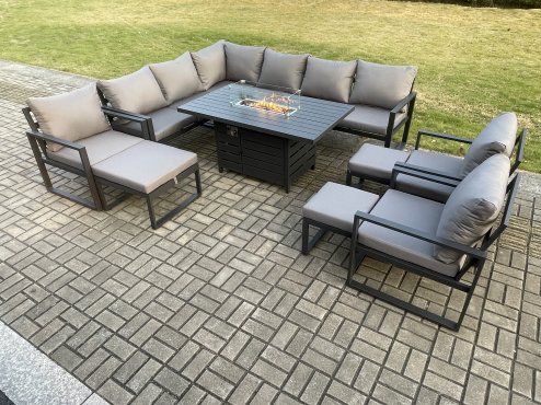 Fimous Aluminium 11 Pieces Garden Furniture Corner Sofa Set with Cushions Gas Fire Pit Dining Table Set with 3 Chairs 3 Footstools Dark Grey