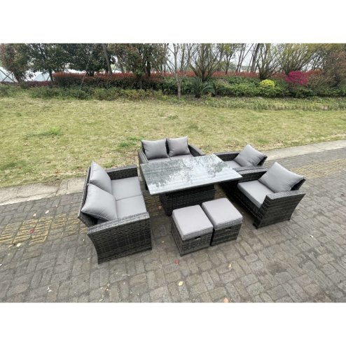 Fimous Rattan Outdoor Furniture Adjustable Rising Lifting Rectangle Dining Table Chairs Two Seater Love Sofa Sets Footstools 8 Seater