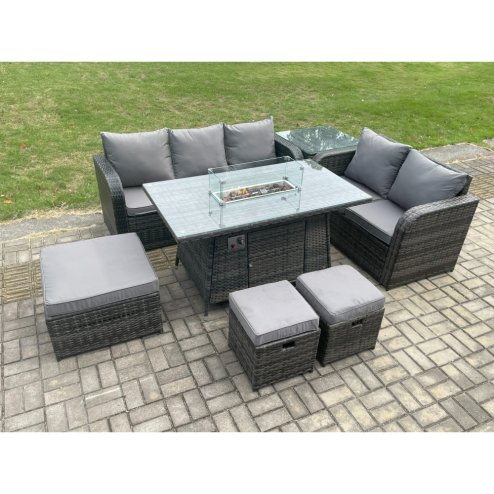 Fimous Garden Patio Furniture Wicker Rattan Gas Fire Pit Table and Sofa Chair set with Side Table 3 Footstools Dark Grey Mixed