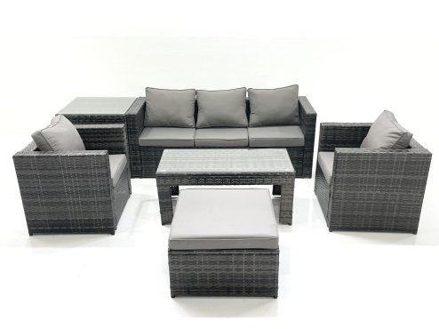 Fimous Rattan Garden Furniture Set Outdoor Lounger Sofa with Coffee Table 2 Armchair Big Footstool Side Table Dark Grey Mixed