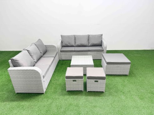 Fimous Outdoor Garden Furniture Sets 9 Seater Wicker Rattan Furniture Sofa Sets with Square Coffee Table high Back Lounge Sofa 3 Stools Light Grey