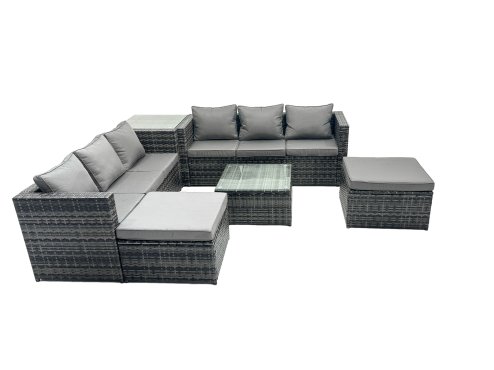 Fimous Outdoor Rattan Garden Furniture Set 8 Seater Patio Lounge Sofa Set with Square Coffee Table Side Table 2 Big Footstools Dark Grey Mixed