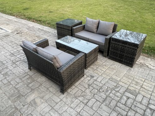 Fimous High Back Rattan Garden Furniture Sofa Sets with Rectangular Coffee Table 2 Side Tables Dark Grey Mixed