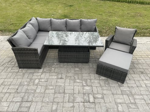 Fimous Wicker PE Outdoor Rattan Garden Furniture Set Height Adjustable Rising Lifting Table Sofa Dining Set with Big Footstool Armchair Dark Grey Mixed