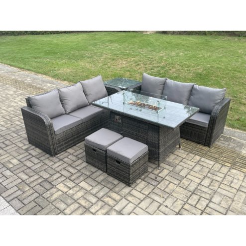 Fimous Rattan Garden Furniture Set with Fire Pit Table 8 Seater Outdoor Patio Lounge Sofa Set Dark Grey Mixed
