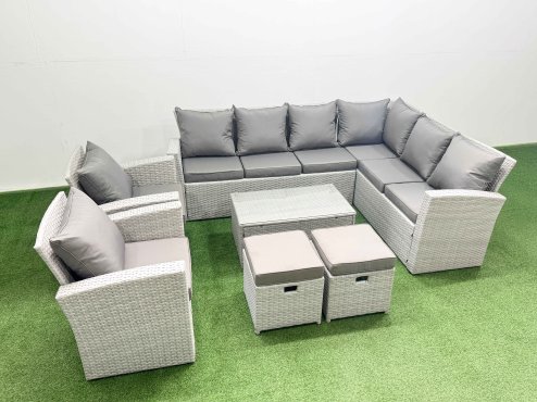 Fimous Garden Outdoor PE Rattan Furniture Set 10 Seater Rattan Garden Sofa Set with 2 Small Footstools Light Grey Mixed