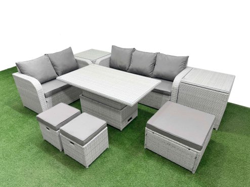 Fimous 8 Seater PE Rattan Wicker Garden Furniture Patio Conservatory Sofa Set with Adjustable Lifting Dining or Coffee Table 3 Seater Sofa Love Sofa 3 Stool 2 Side Table