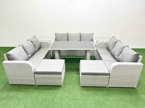 Fimous Patio Garden Furniture Sets with Black Glass Top Dining Table 3 Seater Sofa 2 Side Tables 2 Big Stool Light Grey
