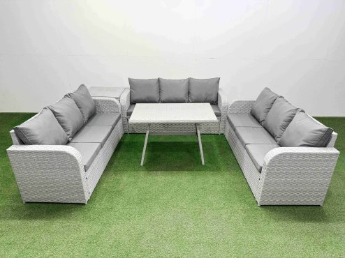 Fimous 9 Seat Outdoor PE Rattan Garden Furniture with Cushions 3 Seater Sofa Side Table Light Grey