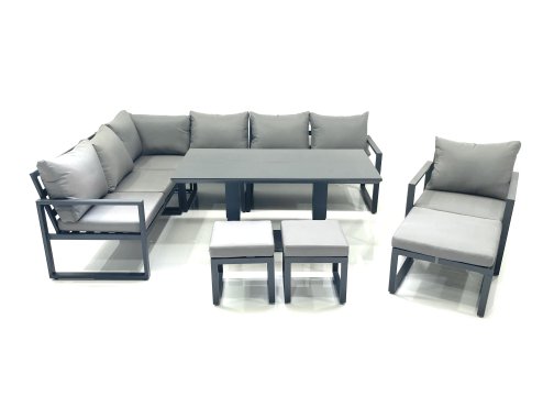 Fimous Aluminum Outdoor Garden Furniture Set Corner Sofa Chair 3 Footstools Adjustable Rising Lifting Dining Table Sets Dark Grey