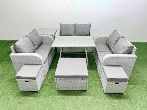 Fimous Rattan Garden Furniture Dining Set 9-seater Patio Rectangular Table Love Sofa Set with Side Table 3 Stools