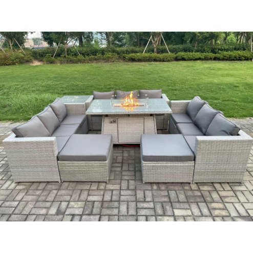 Fimous 11 Seater Outdoor Garden Dining Sets Rattan Furniture Gas Fire Pit Dining Table Gas Heater with Side Table 2 Big Footstools Light Grey