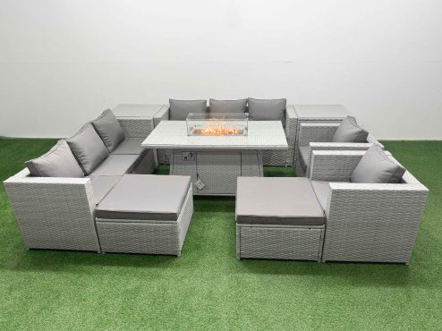 Fimous 10 Seat PE Rattan Lounge Sofa Set Outdoor Garden Furniture Set with Firepit Dining Table 3 Seater Sofa 2 Side Tables 2 Big Footstool Light Grey