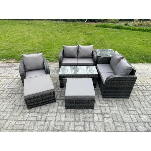 Fimous 7 Pcs Rattan Outdoor Garden Furniture Sofa Set Patio Table & Chairs Set with Side Table 2 Big Footstool Dark Grey Mixed