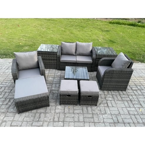 Fimous Rattan Garden Furniture Set Patio Conservatory Indoor Outdoor 9 Piece Set with Love Sofa Square Coffee Table 3 Footstools 2 Side Tables