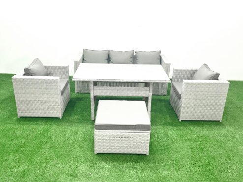 Fimous Garden Dining Set Outdoor Rattan Furniture Set with Sofa Dining Table 2 Chairs Big Footstool Light Grey Mixed