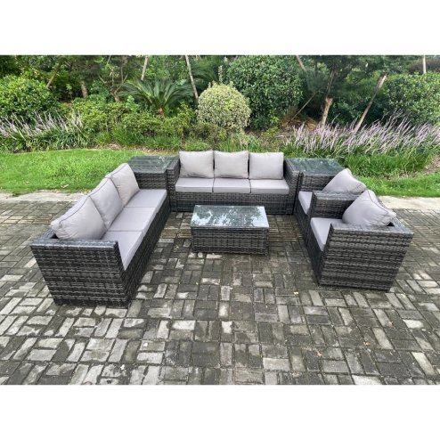Fimous Wicker PE Rattan Sofa Set Outdoor Patio Garden Furniture with 2 Armchairs Oblong Coffee Table 2 Side Tables Dark Grey Mixed