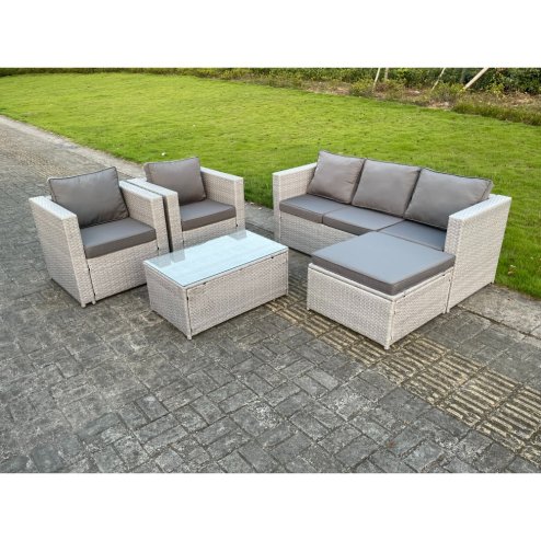 Fimous Light Grey Lounge Outdoor PE Rattan Garden Furniture Set Wicker Sofa Set Oblong Coffee Table With 2 Armchair