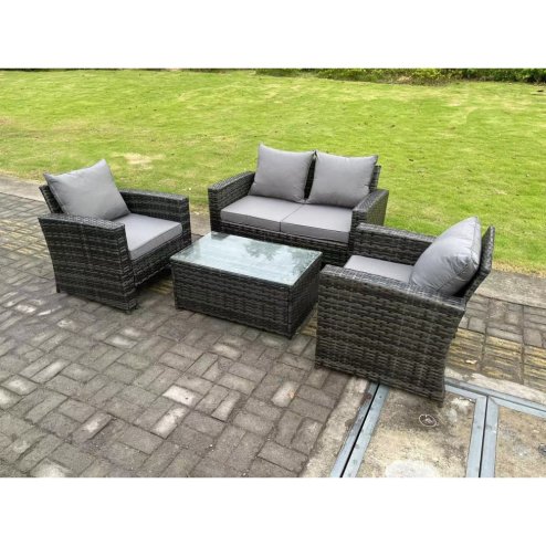 Fimous 4 Seater Grey Mixed High Back Rattan Sofa Set Rectangular Coffee Table Garden Furniture Outdoor Patio