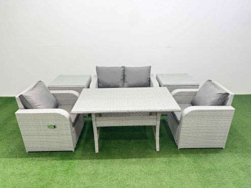Fimous Light Grey PE Wicker Rattan Garden Furniture Set Sofa Set Reclining Chair Rectangular Dining Table 4 Seater With 2 Side Table