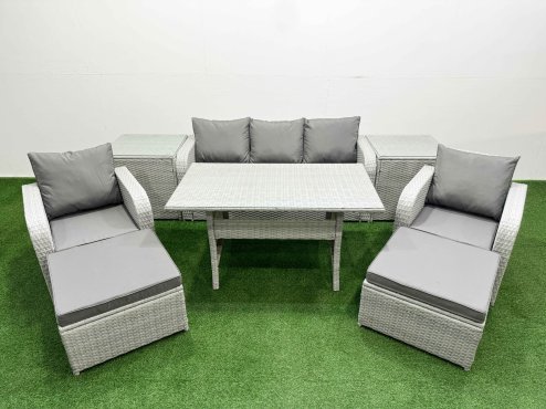 Fimous PE Rattan Garden Furniture Set Reclining Chair Sofa Lounge Sofa Set Rectangular Dining Table 2 Side Table 2 Big Footstool Light Grey