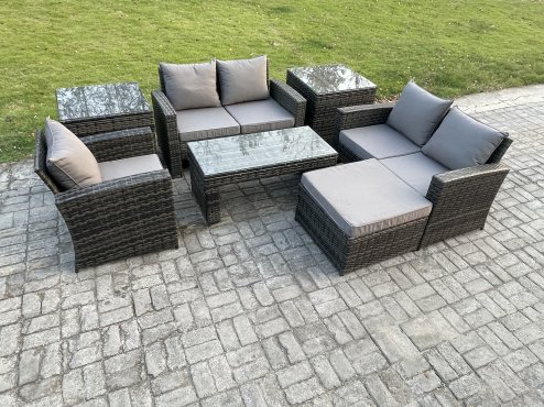 Fimous 7pcs Rattan Outdoor Garden Furniture Sofa Set with Coffee Table 2 Side Tables Big Footstool Dark Grey Mixed