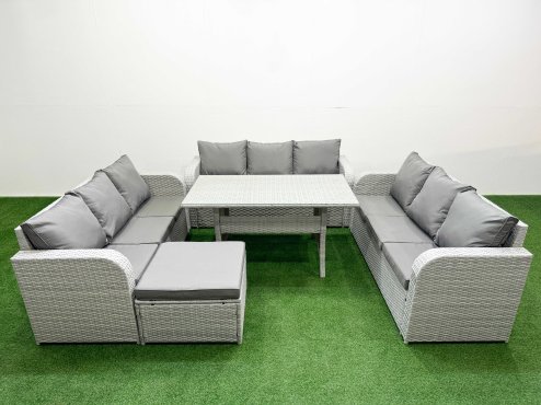 Fimous PE Rattan Lounge Sofa Set 10 Seater Outdoor Garden Furniture Set with Rectangular Dining Table 3 Seater Sofa Big Footstool Light Grey