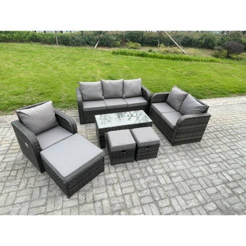 Fimous 9 Seater High Back Rattan Garden Furniture Set with Loveseat Sofa Rectangular Coffee Table 3 Footstools Indoor Outdoor Patio Lounge Sofa Set Dark Grey Mixed